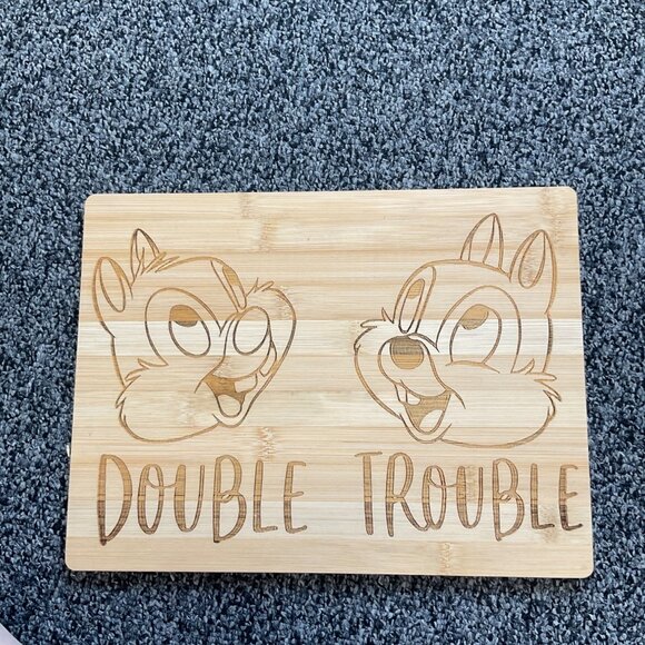 Chip & Dale "Double Trouble" Bamboo Cutting Board Engraved Design Kitchen Decor - Picture 1 of 4